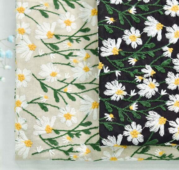 2 Color linen/black color linen cotton with daisy, ramie fabric, embroidered daisy fabric, DIY bag tablecloth fabric, by 1/2yards