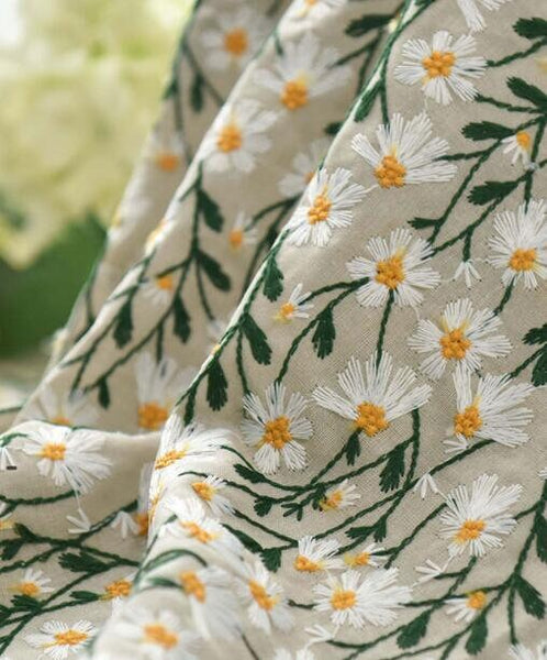 2 Color linen/black color linen cotton with daisy, ramie fabric, embroidered daisy fabric, DIY bag tablecloth fabric, by 1/2yards