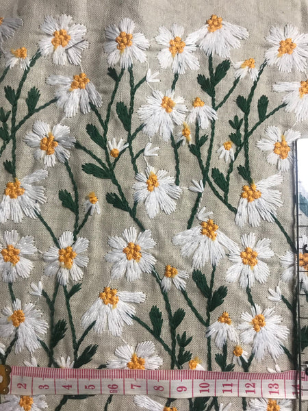 2 Color linen/black color linen cotton with daisy, ramie fabric, embroidered daisy fabric, DIY bag tablecloth fabric, by 1/2yards