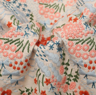 3 Color Cream white/navy blue/red color embroidered flora style fabric, cotton linen fabric with emboridered flora, fabric by the yard