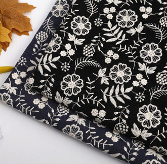 30%OFF, Dark navy blue color Cotton linen fabric, Embroidered flower fabric, wholesale fabric by the yard