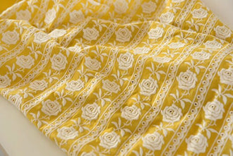 SALE, 100% cotton fabric, bright yellow color embroidery rose style, thin cotton fabric, DIY dress fabric, girl dress fabric, by the yard