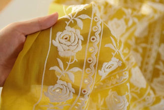 SALE, 100% cotton fabric, bright yellow color embroidery rose style, thin cotton fabric, DIY dress fabric, girl dress fabric, by the yard