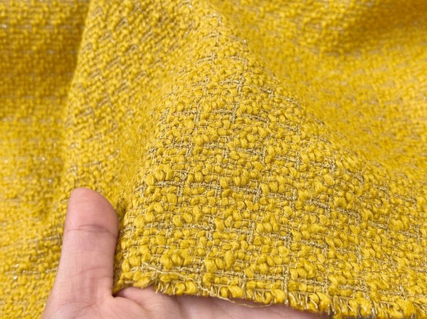 Mustard yellow pure wool fabric, bright woven tweed fabric, Autumn fabric, by the yard