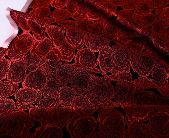 Black red color brocade fabric with rose pattern, jacquard fabric, cosplay dress fabric, by the yard