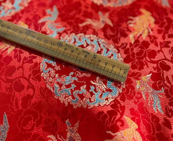 Red color brocade fabric, dragon and phoenix style jacquard fabric, wedding dress fabric, by the yard