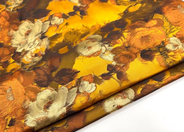 Freight cost, Vintage Yellow Brown Oil Painting Style Jacquard Fabric Dress Set Dress Fabric, Fabric by the yard