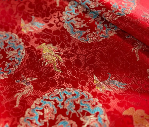 Red color brocade fabric, dragon and phoenix style jacquard fabric, wedding dress fabric, by the yard