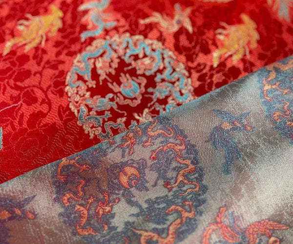 Red color brocade fabric, dragon and phoenix style jacquard fabric, wedding dress fabric, by the yard