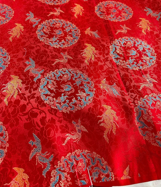 Red color brocade fabric, dragon and phoenix style jacquard fabric, wedding dress fabric, by the yard