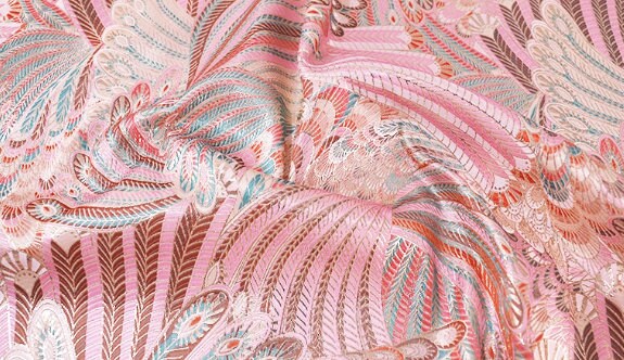 Wide light pink color brocade fabric, feather style jacquard fabric, cosplay dress fabric, by the yard