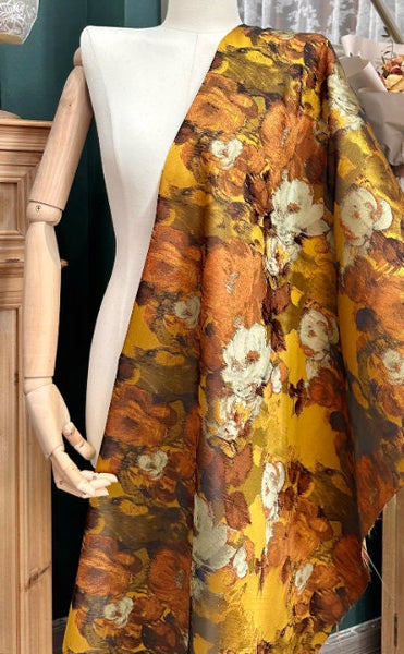 Freight cost, Vintage Yellow Brown Oil Painting Style Jacquard Fabric Dress Set Dress Fabric, Fabric by the yard