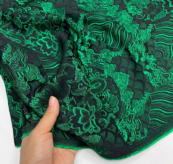 ON SALE, Dragon scale jacquard suit fabric, dyed black green suit dress, qipao fabric Fabric by the yard