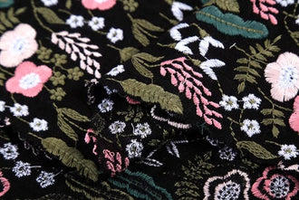 2 Color off white/black color embroidered flora style fabric, cotton linen fabric with emboridered flora, fabric by the yard