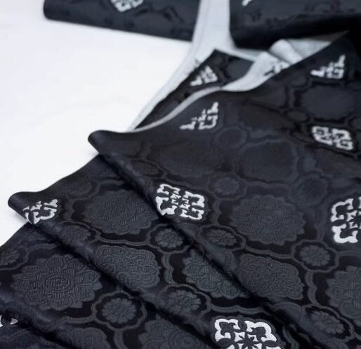 Black and white color brocade fabric, Baoxiang flower pattern jacquard brocade fabric, Chinese style satin fabric