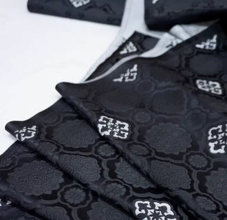 Black color brocade fabric with white pattern, black color jacquard fabric, fabric by the yard