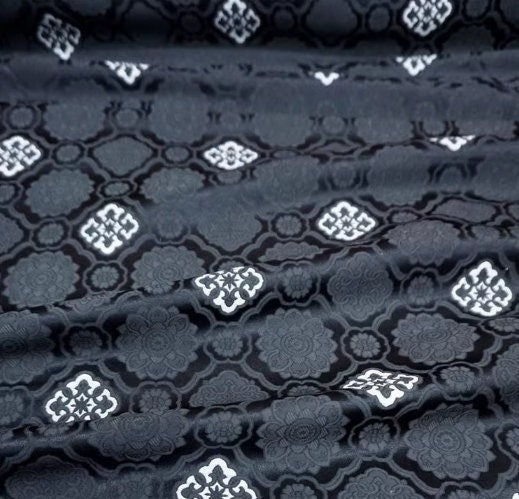 Black color brocade fabric with white pattern, black color jacquard fabric, fabric by the yard