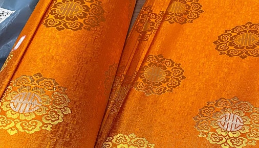 Orange color brocade fabric with yellow pattern, jacquard brocade fabric, by the yard-59"inches wide