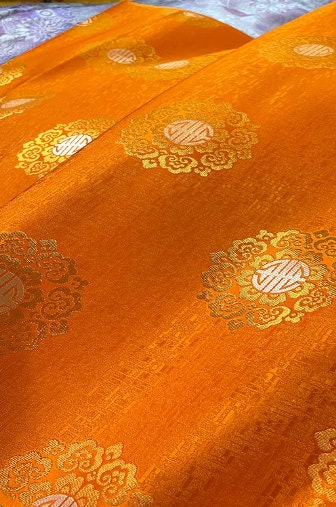 Orange color brocade fabric with yellow pattern, jacquard brocade fabric, by the yard-59"inches wide