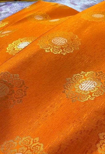 Orange color brocade fabric with yellow pattern, jacquard brocade fabric, by the yard-59"inches wide