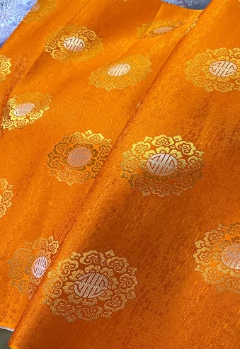 Orange color brocade fabric with yellow pattern, jacquard brocade fabric, by the yard-59"inches wide