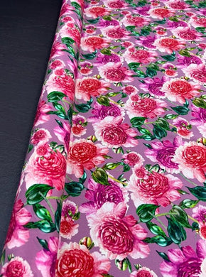 Wide silk elastic double crepe fabric, skirt fabric， mulberry silk fabric, rose red color flowers silk fabric, fabric by the yard