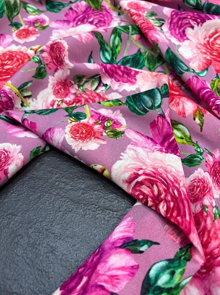 Wide silk elastic double crepe fabric, skirt fabric， mulberry silk fabric, rose red color flowers silk fabric, fabric by the yard