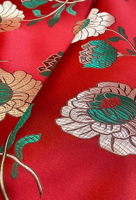 Red color brocade fabric with lotus pattern, jacquard brocade fabric, by the yard