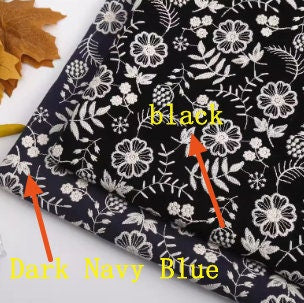 30%OFF, Dark navy blue color Cotton linen fabric, Embroidered flower fabric, wholesale fabric by the yard