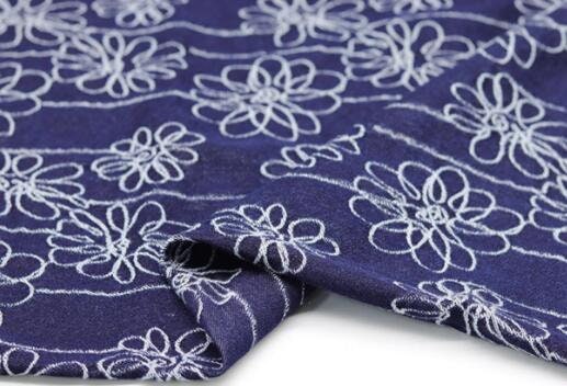 Fashion jacuqard fabric, navy blue washed denim fabric with flower, high-end handmade DIY clothing, bag fabric,  jacket dress fabric