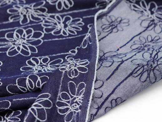 Fashion jacuqard fabric, navy blue washed denim fabric with flower, high-end handmade DIY clothing, bag fabric,  jacket dress fabric