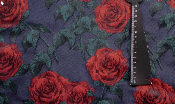 SALE, Navy blue jacquard with red color rose pattern, fashion jacquard, cosplay dress jacquard fabric,