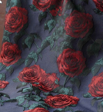 SALE, Navy blue jacquard with red color rose pattern, fashion jacquard, cosplay dress jacquard fabric,