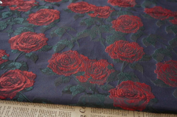 SALE, Navy blue jacquard with red color rose pattern, fashion jacquard, cosplay dress jacquard fabric,