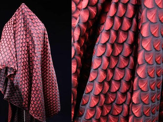 3D Relief red scale woven brocade fabric with fan-shaped texture, jacquard fabric, black red jacquard fabric