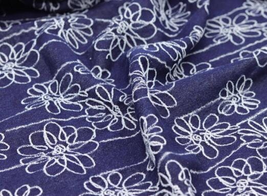 Fashion jacuqard fabric, navy blue washed denim fabric with flower, high-end handmade DIY clothing, bag fabric,  jacket dress fabric