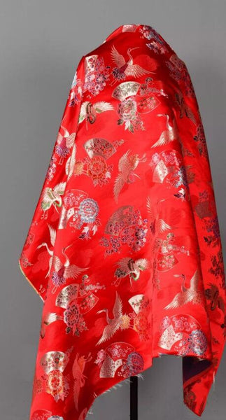 Wide red color brocade fabric with bird style, jacquard fabric, wedding dress fabric, fabric by the yard