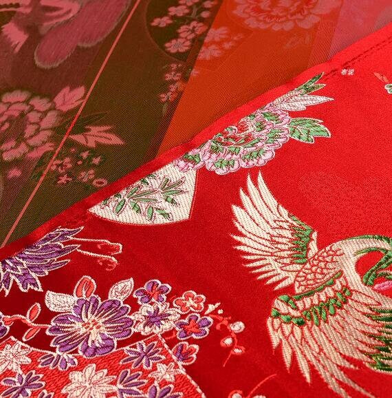 Wide red color brocade fabric with bird style, jacquard fabric, wedding dress fabric, fabric by the yard