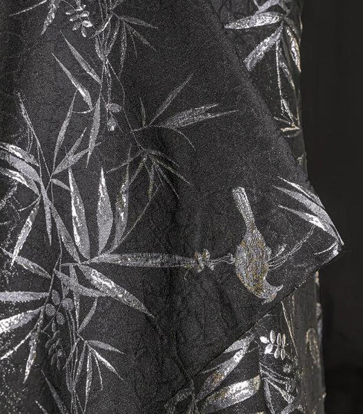 Black silver color jacquard fabric with bird and bamboo, wedding jacket dress fabric, fabric by the yard