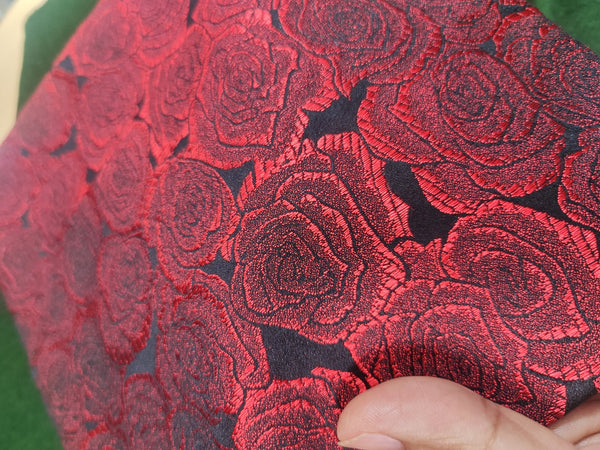 Black red color brocade fabric with rose pattern, jacquard fabric, cosplay dress fabric, by the yard