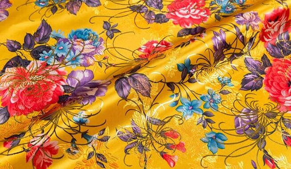 Gold Yellow/Dark Green Color Brocade Fabric with Peony Style, Cheongsam Fabric, Chinese Style Fabric, Jacquard Fabric, Fabric by the yard