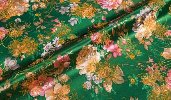 Gold Yellow/Dark Green Color Brocade Fabric with Peony Style, Cheongsam Fabric, Chinese Style Fabric, Jacquard Fabric, Fabric by the yard