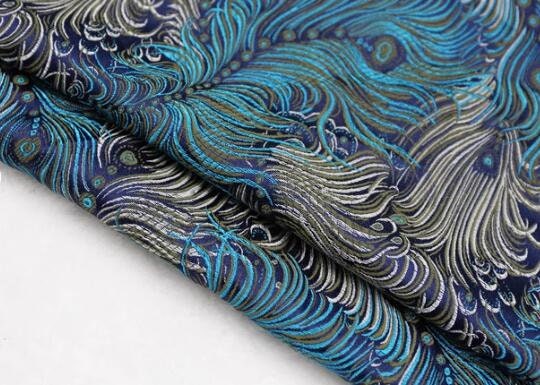 Retro blue color brocade fabric with peacock feather pattern, jacquard fabric, by the yard