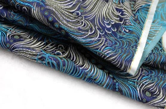 Retro blue color brocade fabric with peacock feather pattern, jacquard fabric, by the yard