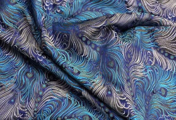 Retro blue color brocade fabric with peacock feather pattern, jacquard fabric, by the yard