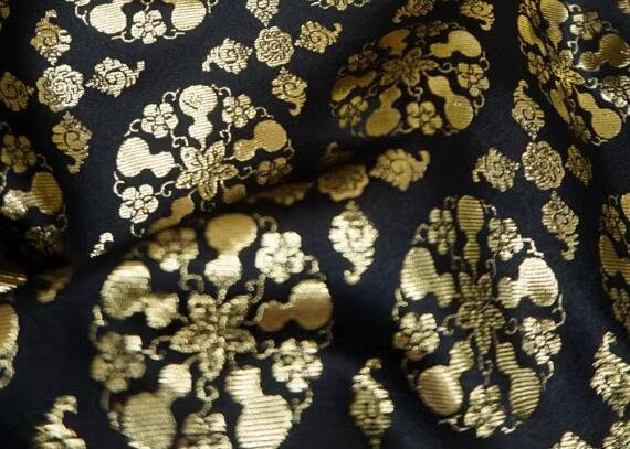 Black gold jacquard fabric, Golden gourd pattern jacquard fabric,  fabric by the yard