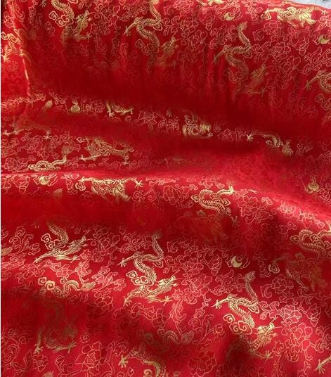 Red color silk jacquard fabric with gold dragon, silk brocade fabric, Chinese dragon pattern fabric for wedding, Cosplay dress fabric