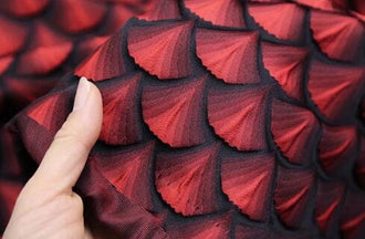 Black red jacquard fabric, Fish scale style jacquard fabric, Cosplay dress fabric, by the yard