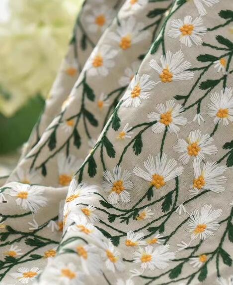 2Color Cotton linen fabric with embroidered daisy, linen color fabric, curtains fabric, DIY fabric, fabric by the yard