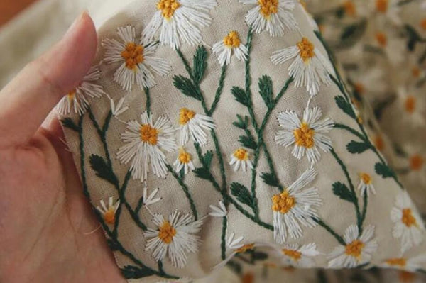 2Color Cotton linen fabric with embroidered daisy, linen color fabric, curtains fabric, DIY fabric, fabric by the yard